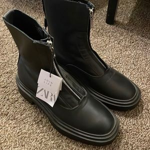 NWT Zara black leather zippered boots - Size 7.5/38